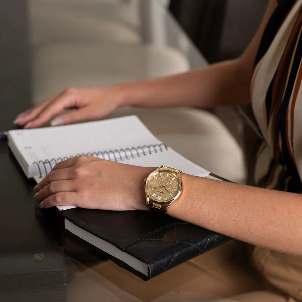 Relógio Feminino Glitter e Cristais Baguete Dourado Dourado 3