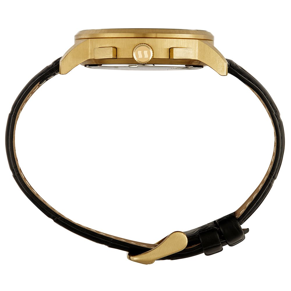 Relógio Masculino Cronógrafo Vidro Abaulado Couro Dourado Preto 3