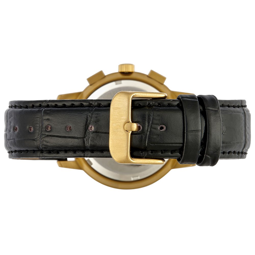Relógio Masculino Cronógrafo Vidro Abaulado Couro Dourado Preto 4