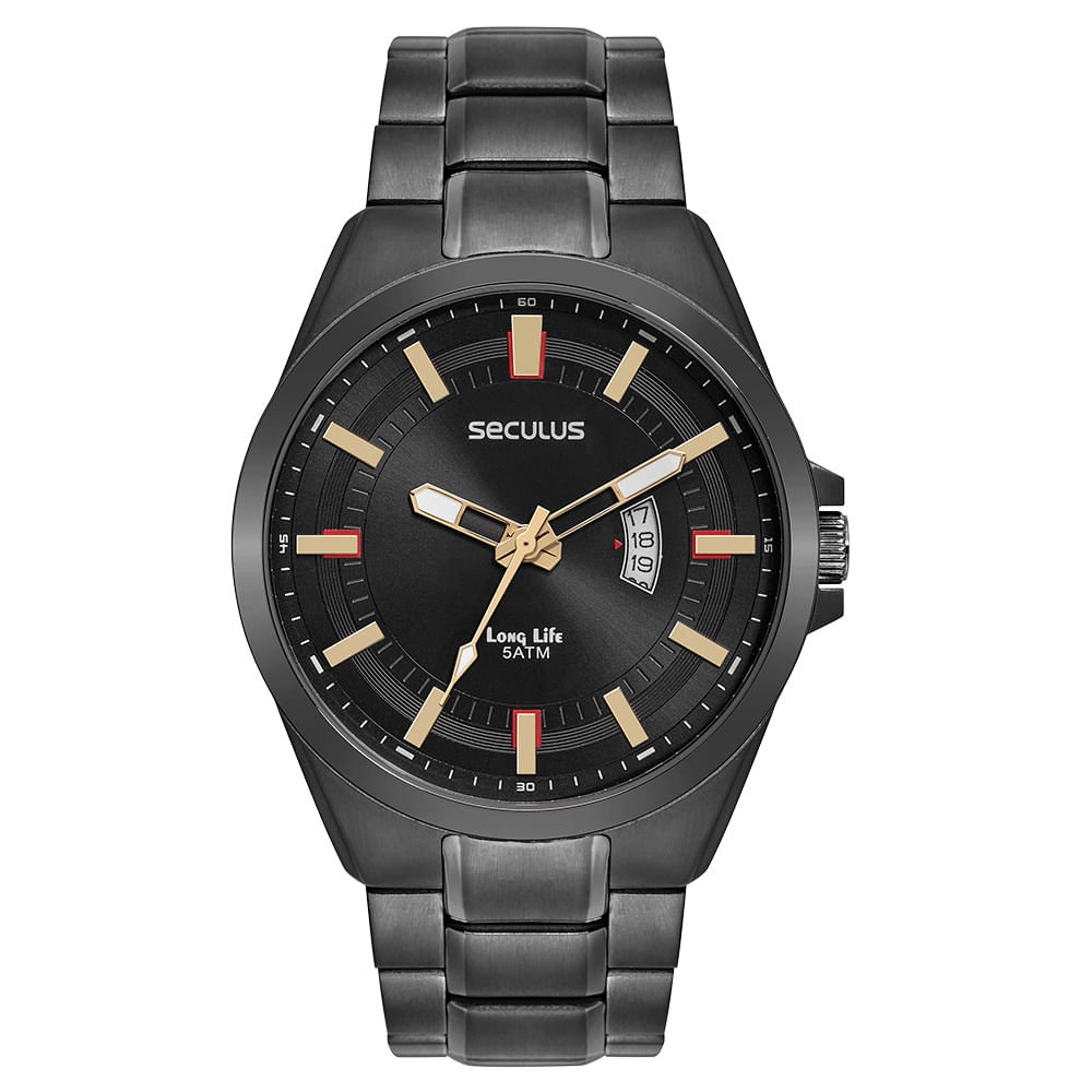 Relógio Masculino Aço Casual Calendário Preto Preto 1