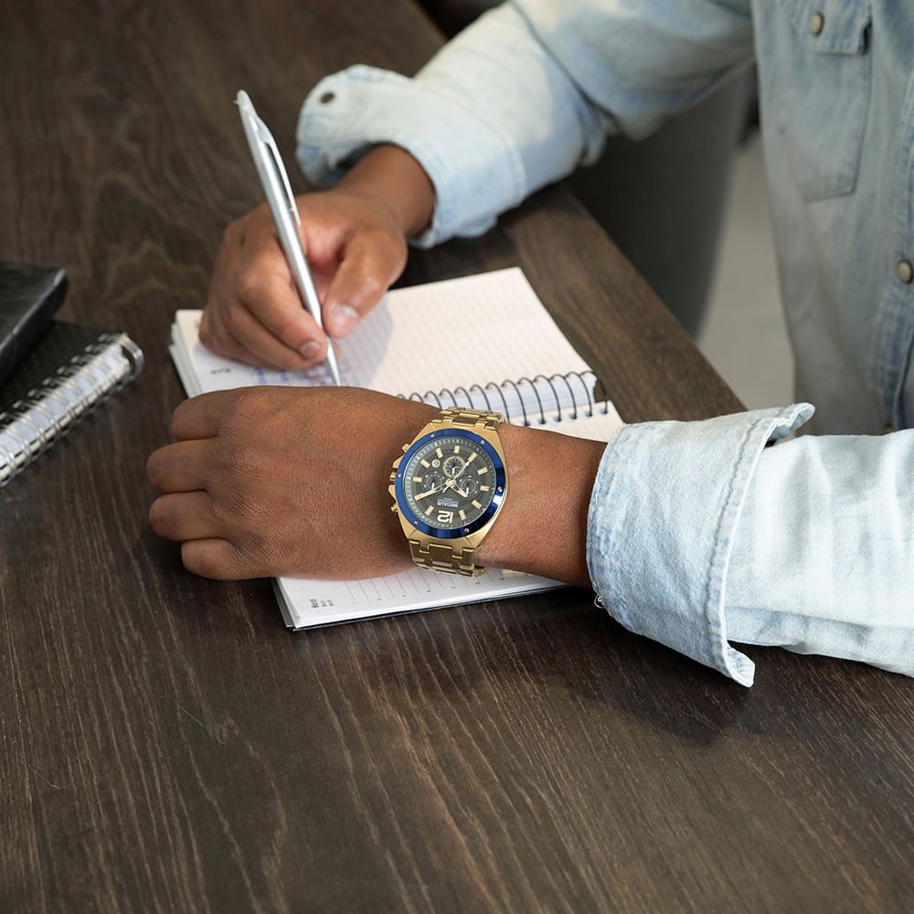 Relógio Masculino Cronógrafo Aço Dourado Dourado 3