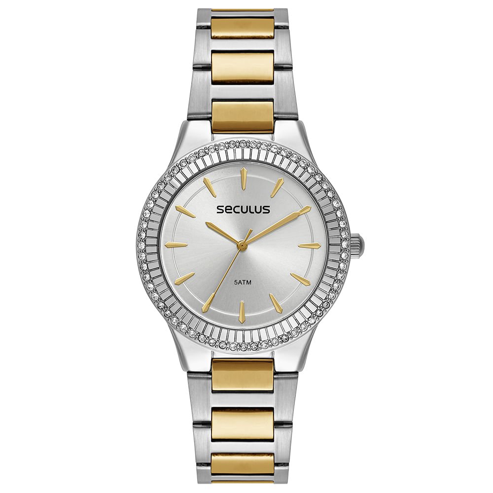 Relógio Feminino Cristais Texturas Bicolor Prata 1