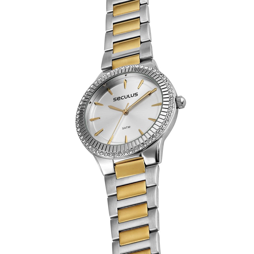 Relógio Feminino Cristais Texturas Bicolor Prata 2