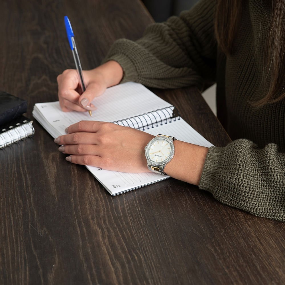 Relógio Feminino Cristais Texturas Bicolor Prata 3