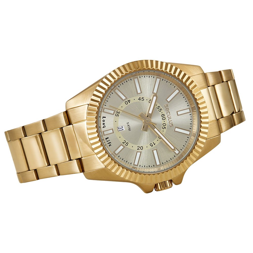 Relógio Masculino Aço Catraca Facetada Dourado Dourado 2