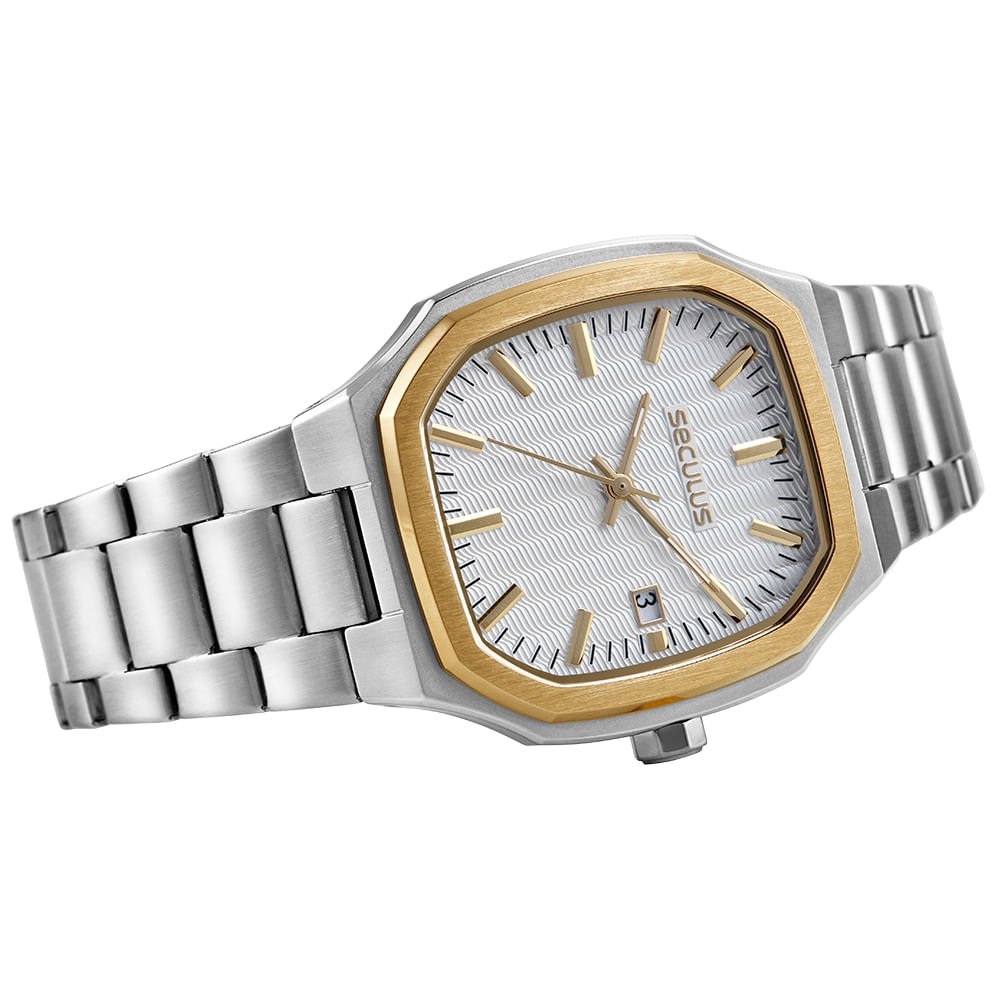 Relógio Masculino Quadrado Social Aço Prata e Dourado Dourado 2