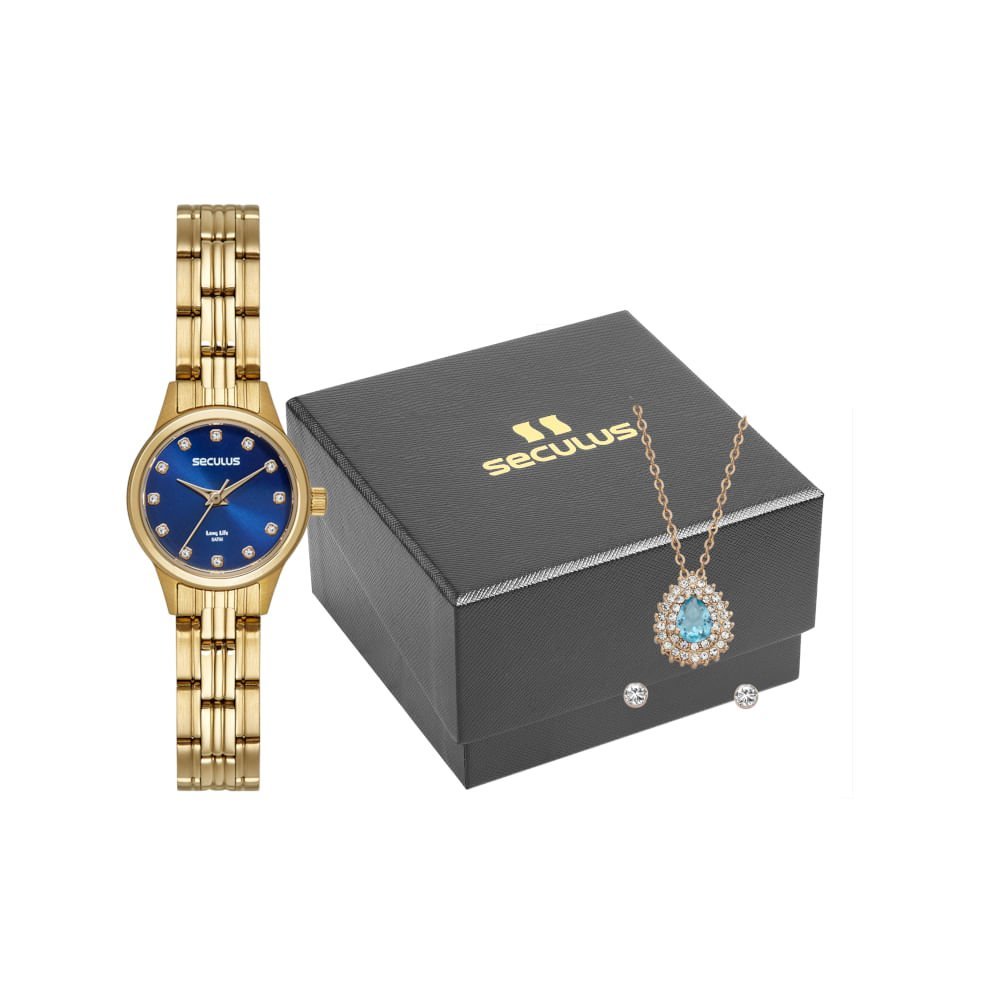 Kit Relógio Feminino Dourado Visor Azul com Colar e Brincos Dourado 1