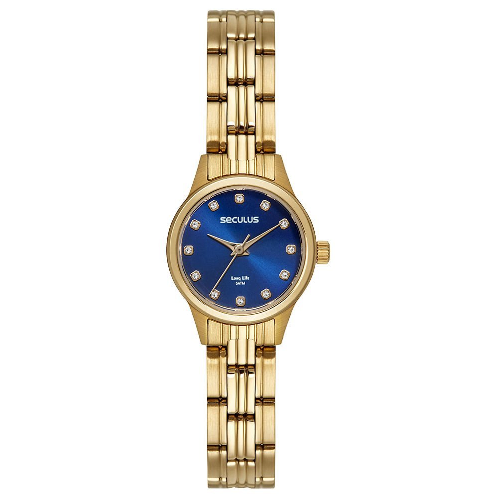 Kit Relógio Feminino Dourado Visor Azul com Colar e Brincos Dourado 2
