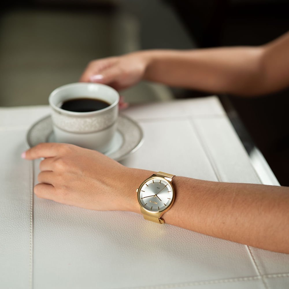 Relógio Feminino Dourado Malha de Aço Mostrador Prata Dourado 2