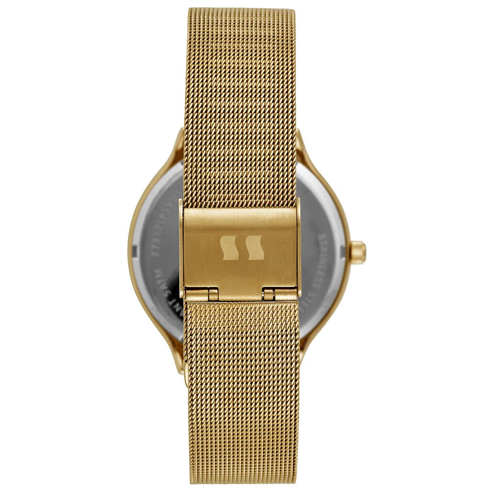 Relógio Feminino Dourado Malha de Aço Mostrador Prata Dourado 4