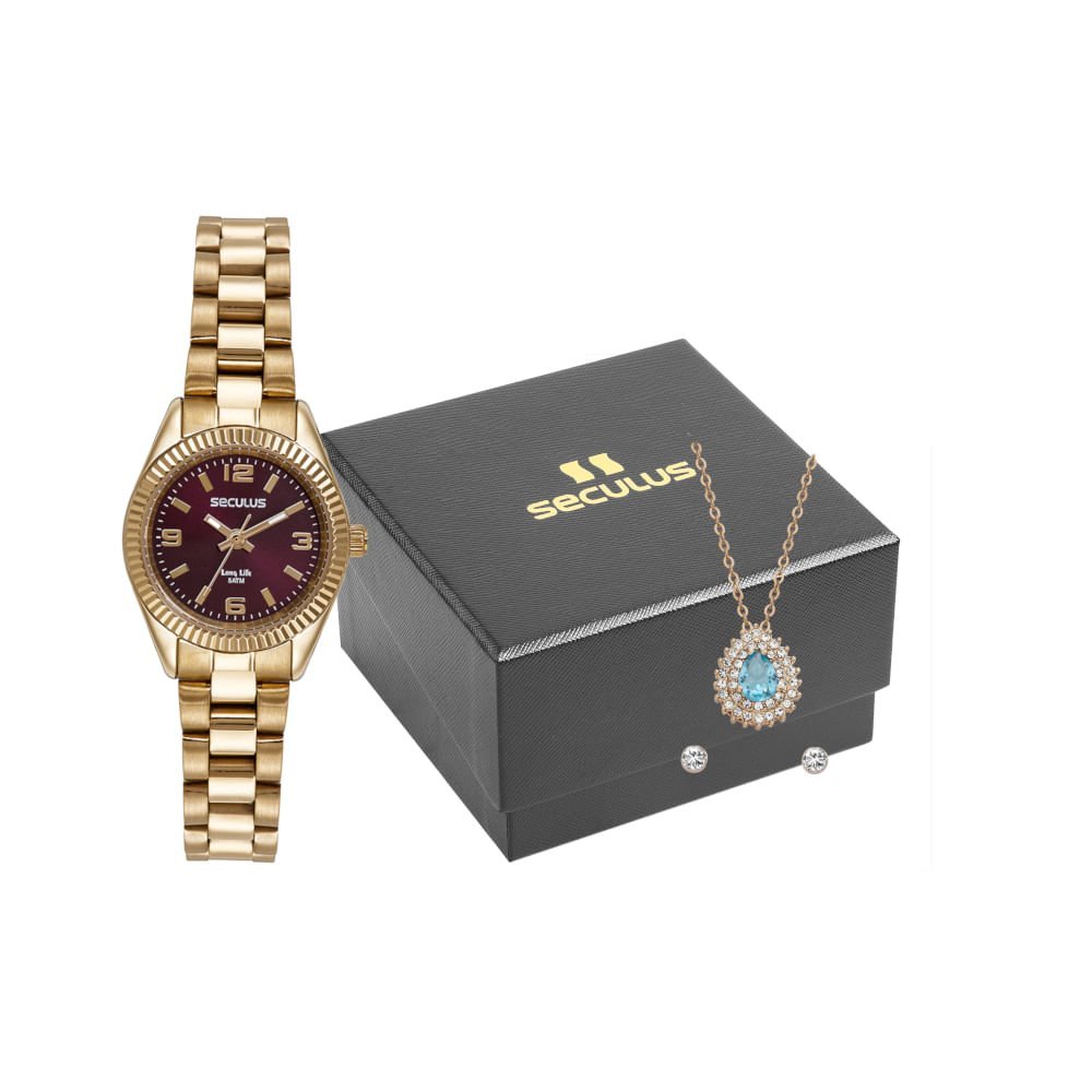 Kit Relógio Feminino Dourado Catraca Facetada Colar Brincos Dourado 1
