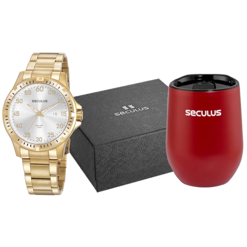 Kit Relógio Masculino Calendário Dourado com Copo Térmico Dourado 1