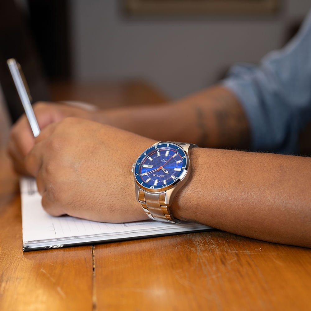 Relógio Masculino Aço Prata Calendário Visor Azul Prata 2