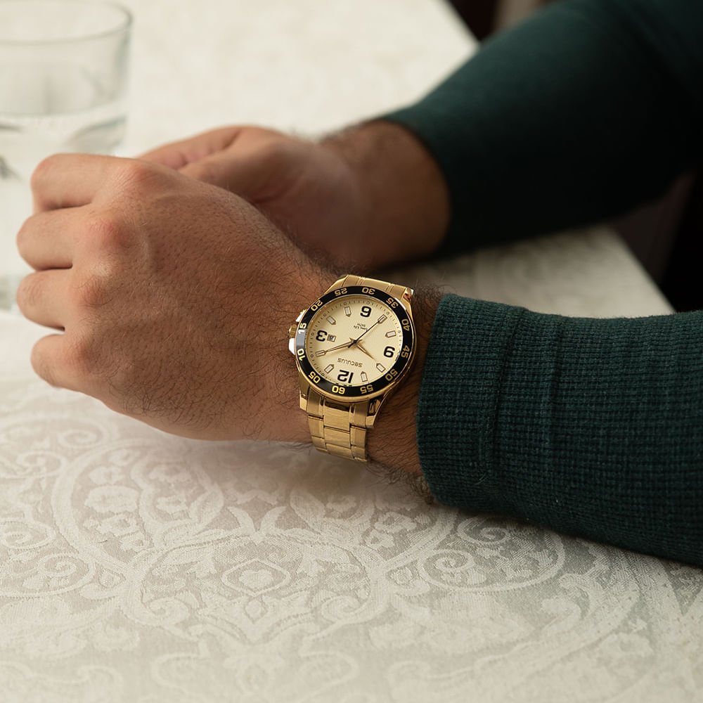 Relógio Masculino Mostrador Dourado Catraca de Alumínio Dourado 2