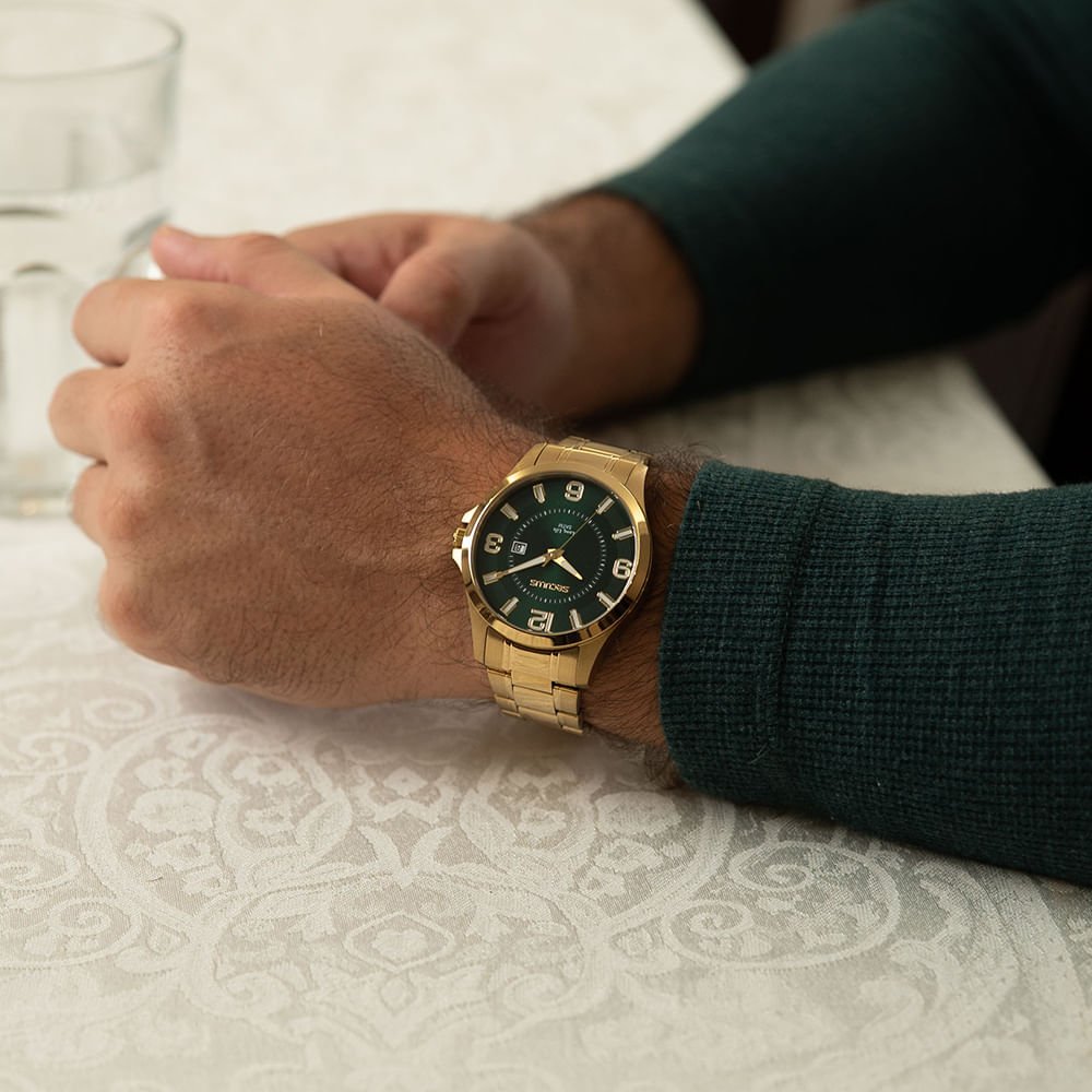 Relógio Masculino Aço Calendário Mostrador Verde Dourado 2