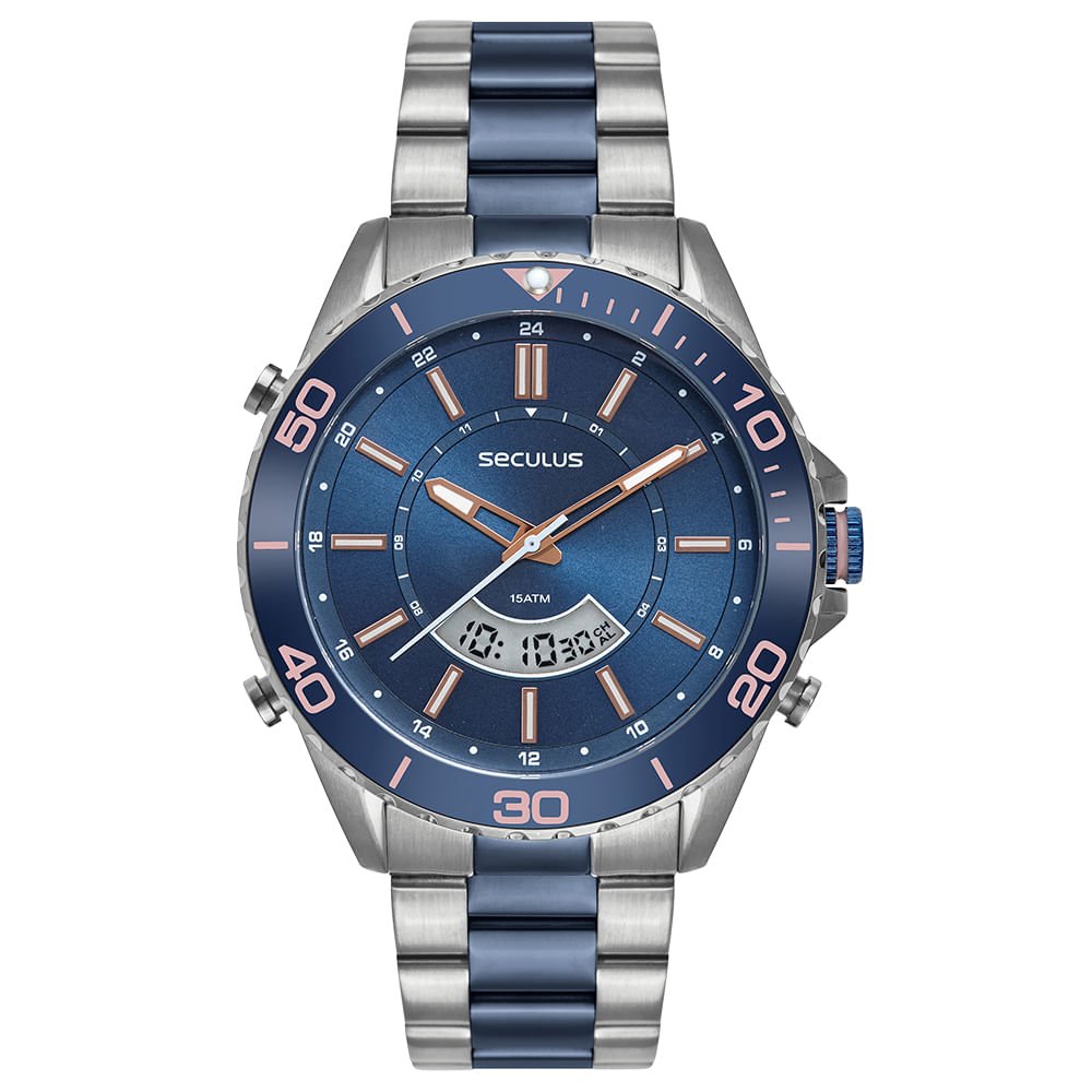 Relógio Masculino Bicolor Anadigi Catraca Giratória Prata/Azul 1