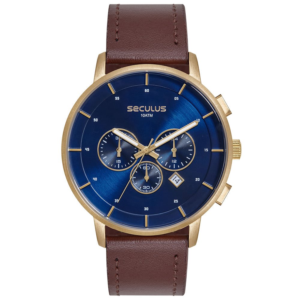Relógio Masculino Dourado Mostrador Azul Cronógrafo