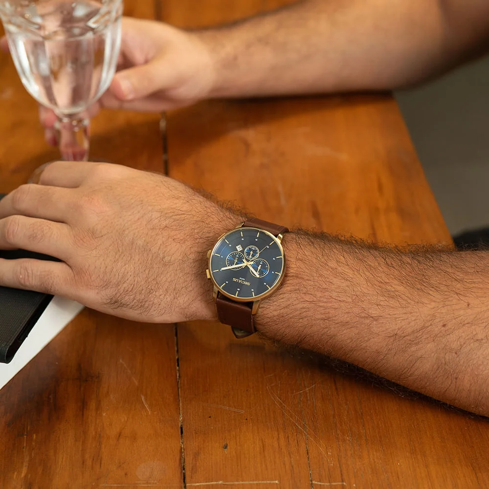 Relógio Masculino Dourado Mostrador Azul Cronógrafo Dourado 3