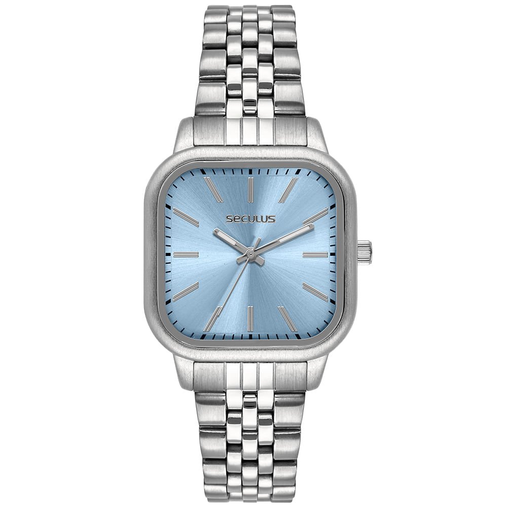 Relógio Feminino Quadrado Prata Mostrador Azul Minimalista