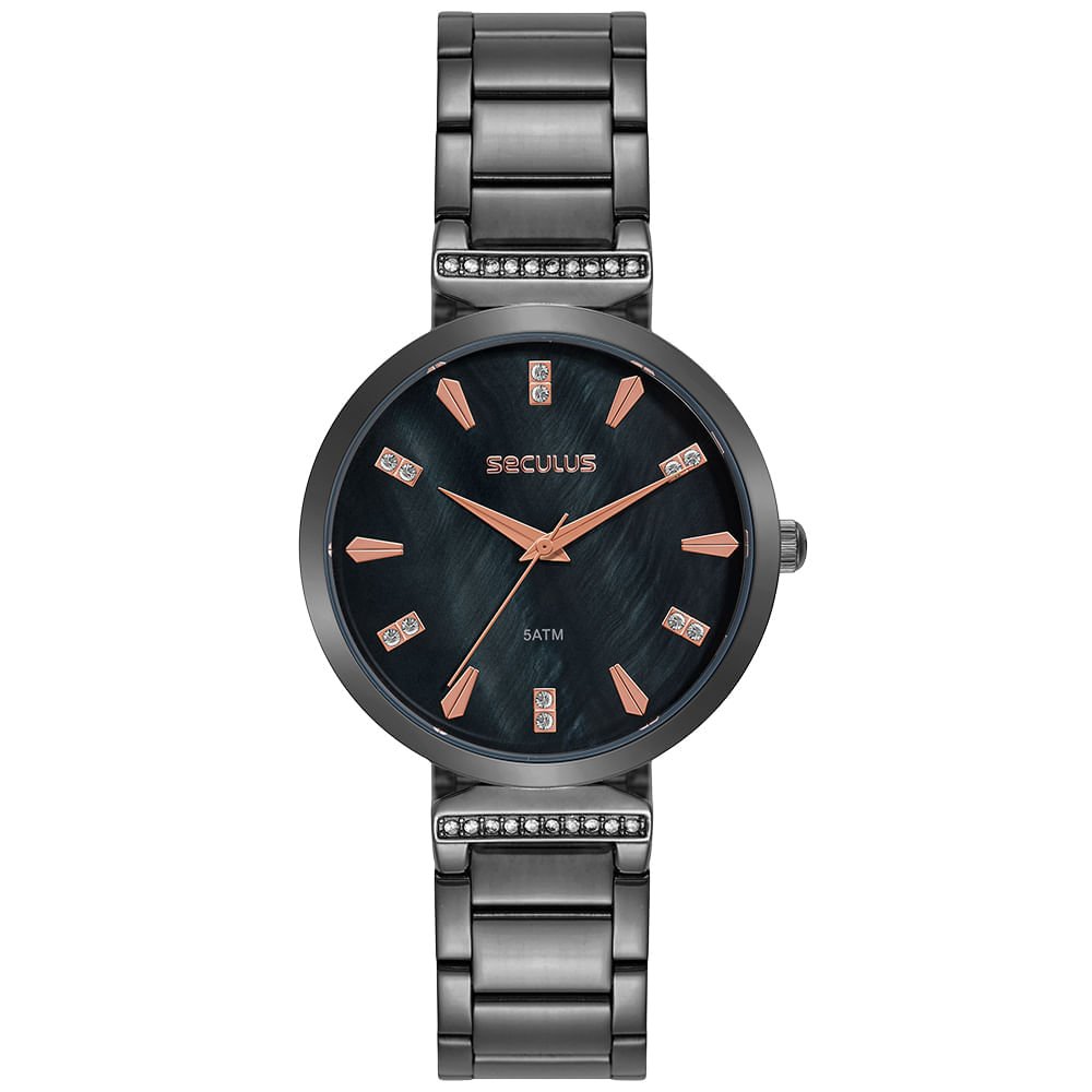 Relógio Feminino Preto com Cristais Madrepérola