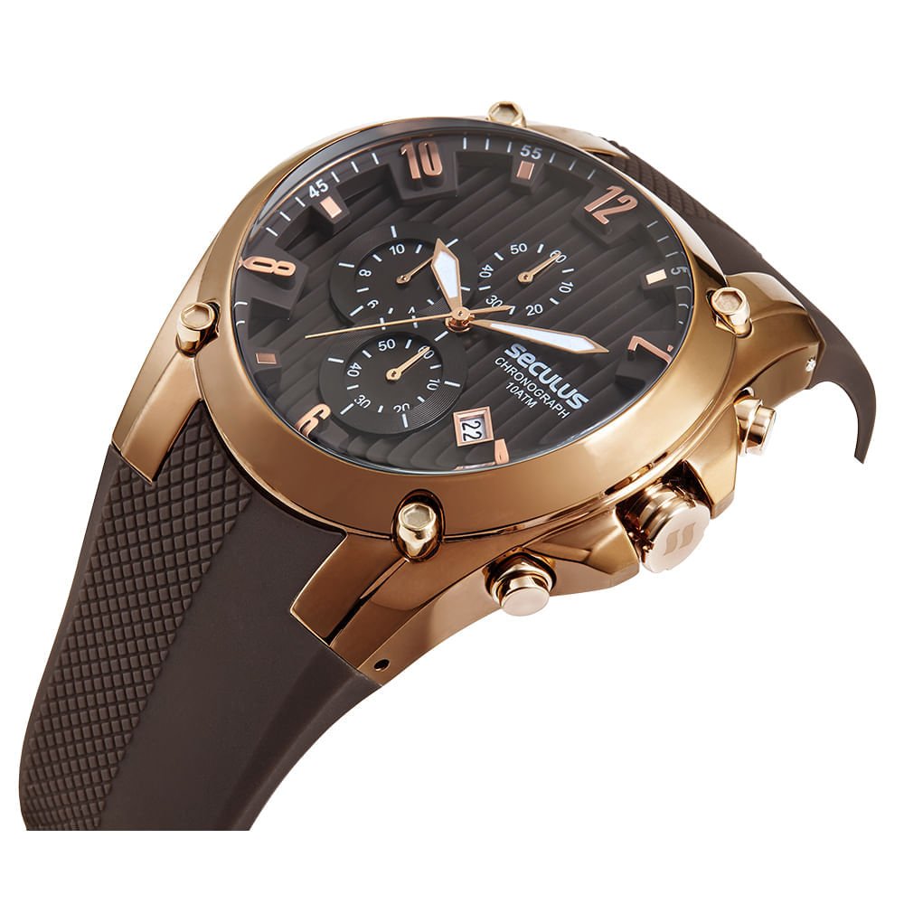 Relógio Masculino Aço Cronógrafo Aro 3D Silicone Marrom 2