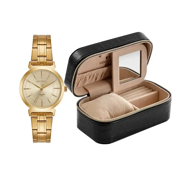 Kit Relógio Feminino Aço Dourado Mostrador Madrepérola