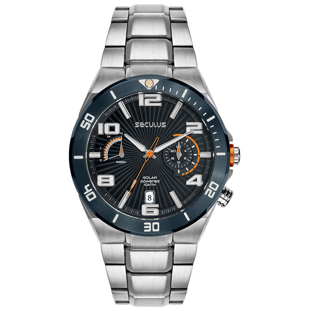 Relógio Masculino Aço Prata Cronógrafo Solar