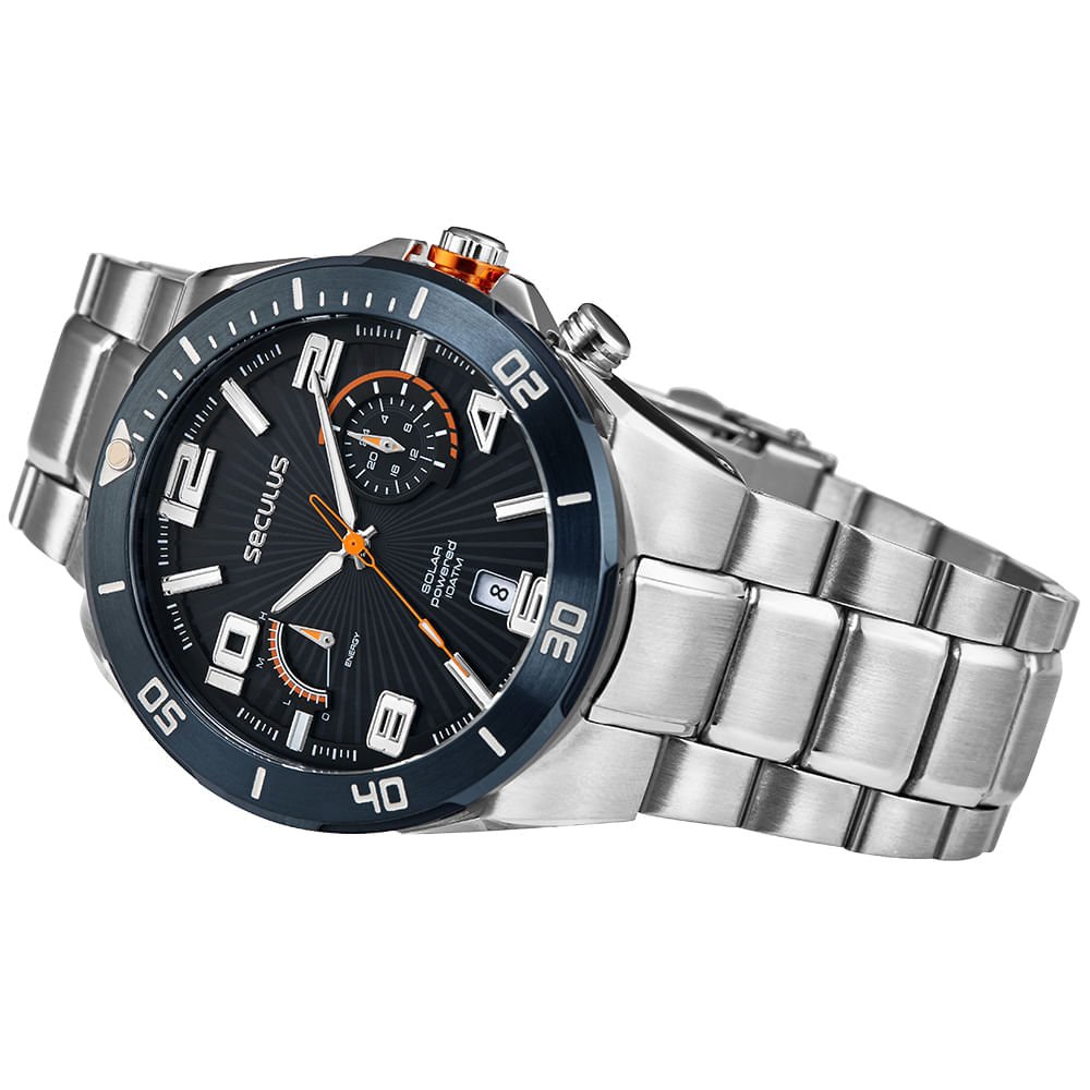 Relógio Masculino Aço Prata Cronógrafo Solar Prata 2