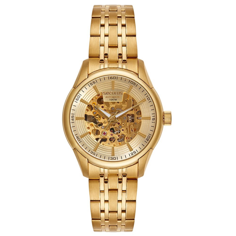 Relógio Masculino Automático Mostrador Skeleton Dourado
