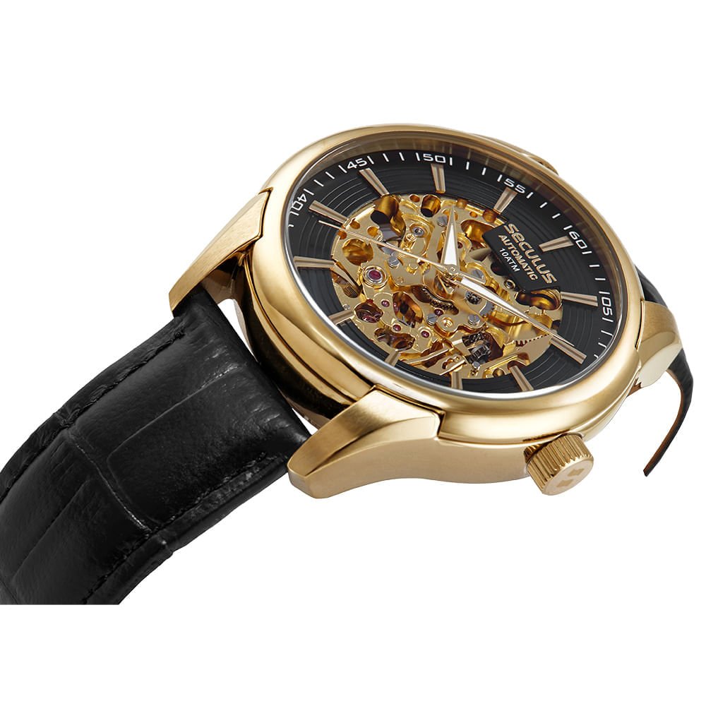 Relógio Masculino Aço Automatico Mostrador Skeleton Dourado 2
