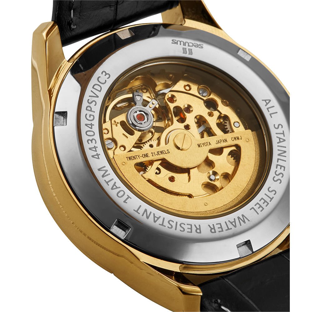 Relógio Masculino Aço Automatico Mostrador Skeleton Dourado 3