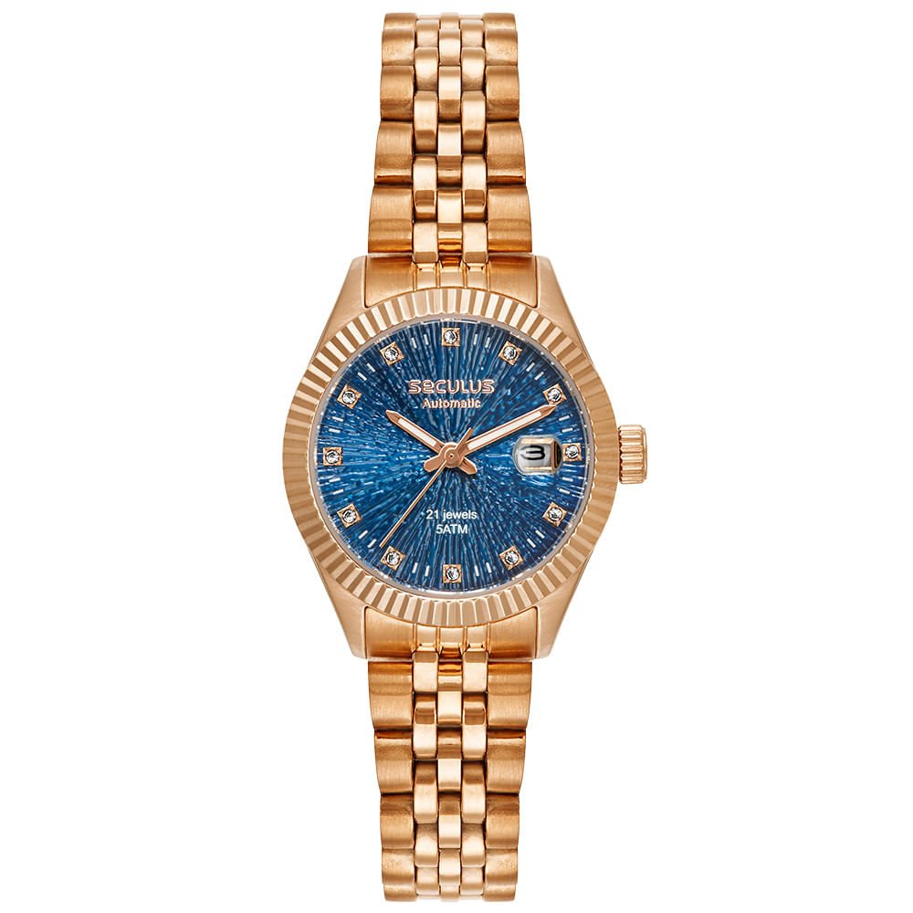 Relógio Feminino Automático Fundo Transparente Visor Azul