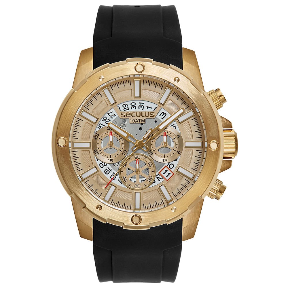 Relógio Masculino Aço Cronógrafo com Calendário Dourado