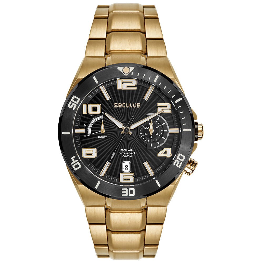 Relógio Masculino Aço Dourado Cronógrafo Solar