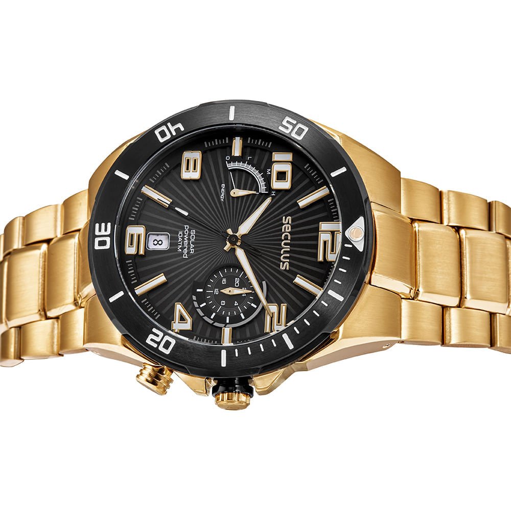 Relógio Masculino Aço Dourado Cronógrafo Solar Dourado 2