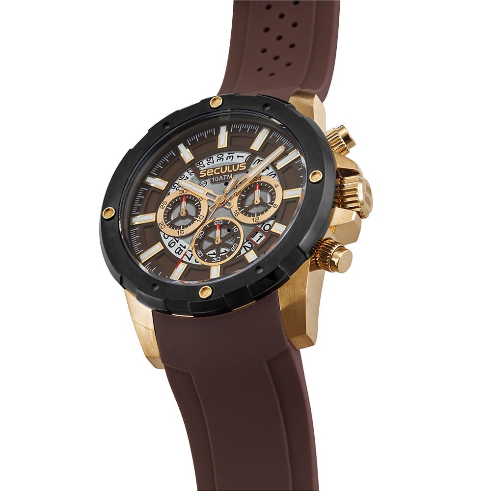 Reógio Masculino Aço Cronógrafo com Calendário Marrom 2