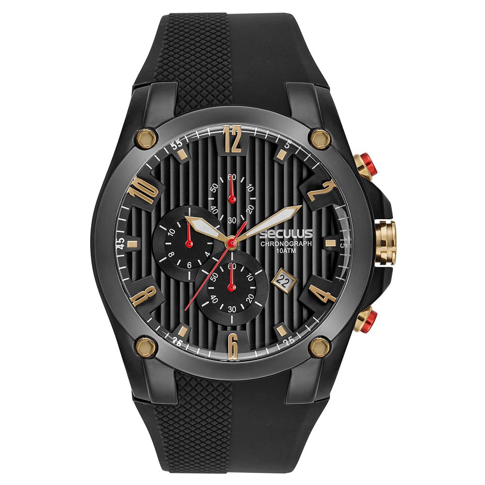 Relógio Masculino Aço Cronógrafo Mostrador Aro 3D Silicone Preto 1