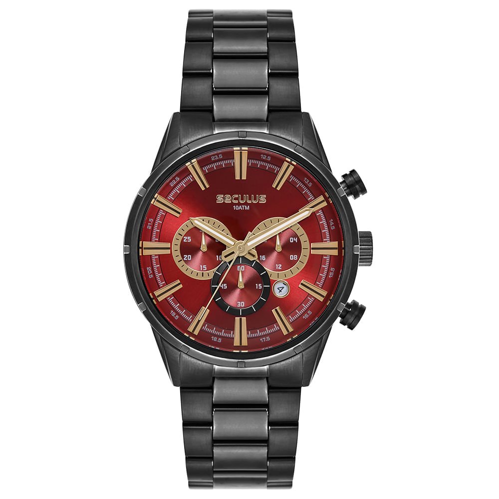 Relógio Masculino Cinza Cronógrafo Mostrador Vermelho