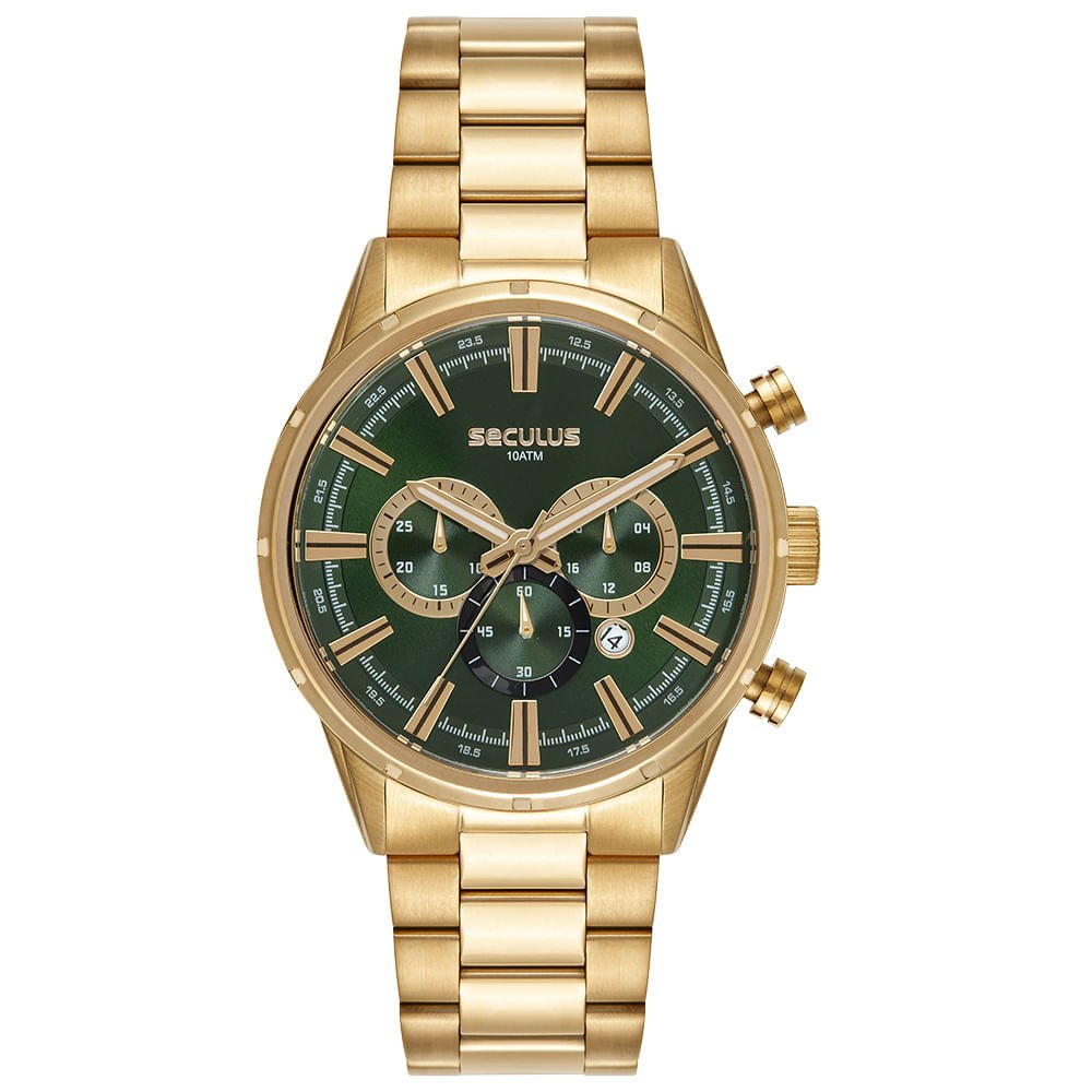 Relógio Masculino Dourado Cronógrafo Mostrador Verde