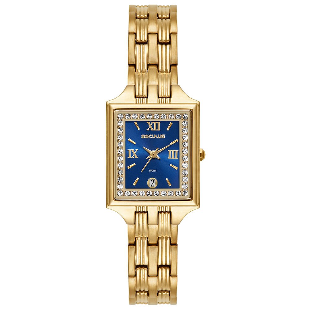 Relógio Feminino Dourado Quadrado Mostrador Azul