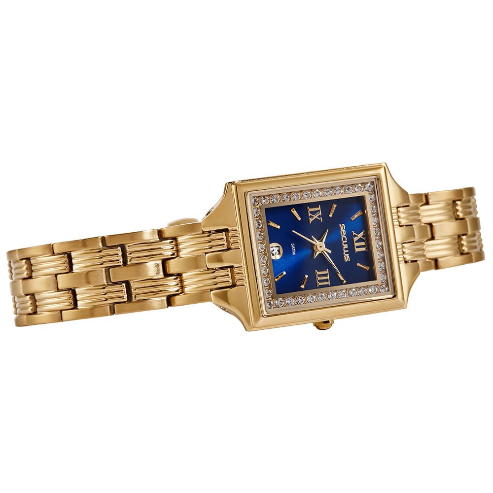 Relógio Feminino Dourado Quadrado Mostrador Azul Dourado 2
