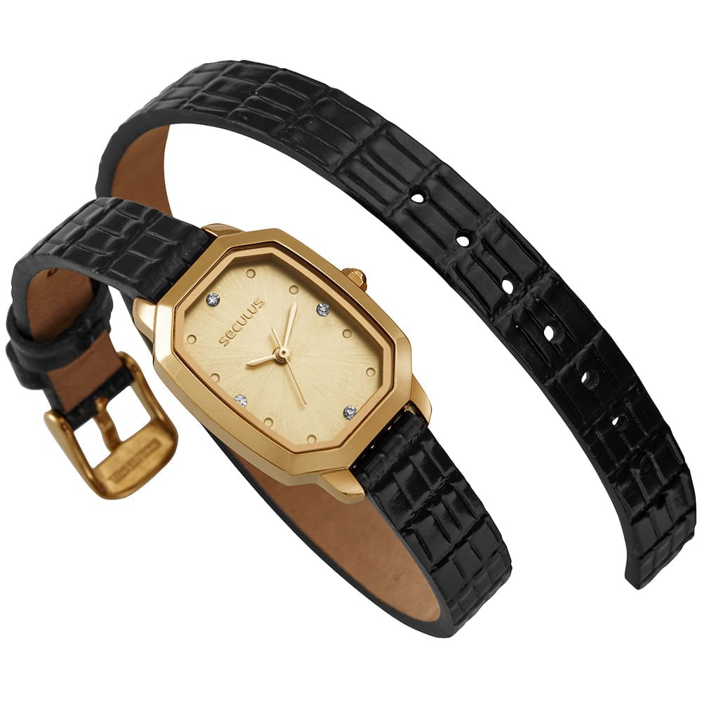 Relógio Feminino Pulseira em Couro duas Voltas Retangular Dourado 2