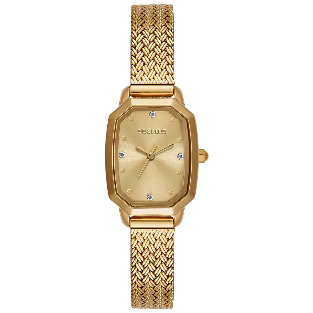 Relógio Feminino Aço Retangular com Cristais Dourado 1