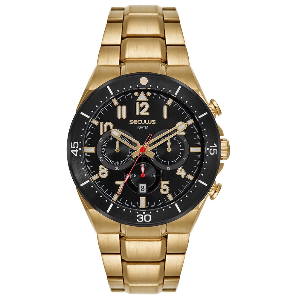 Relógio Masculino Dourado em Aço Cronógrafo Mostrador Preto