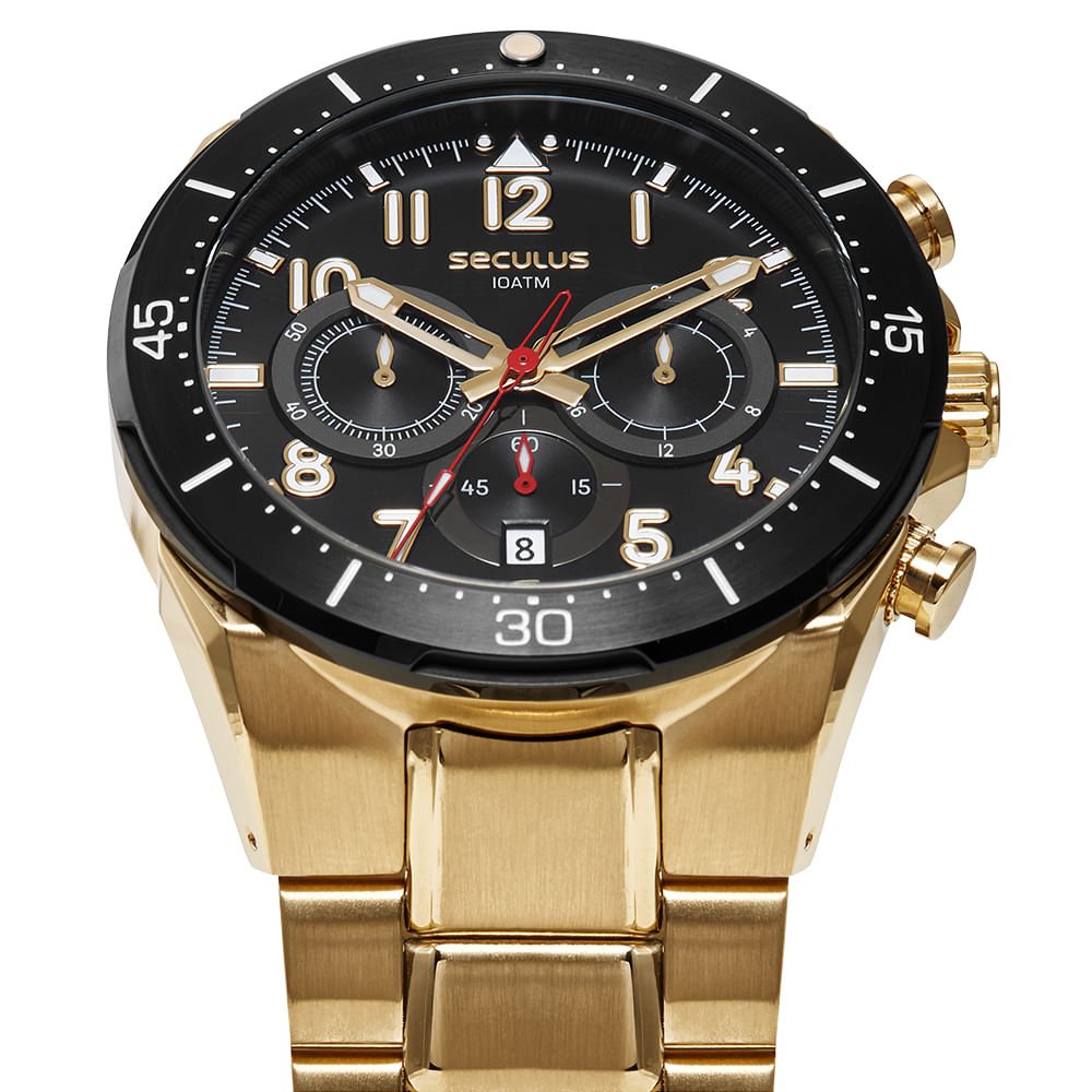 Relógio Masculino Dourado em Aço Cronógrafo Mostrador Preto Dourado 2