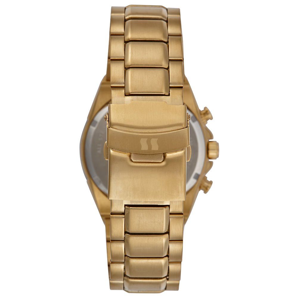 Relógio Masculino Dourado em Aço Cronógrafo Mostrador Preto Dourado 4
