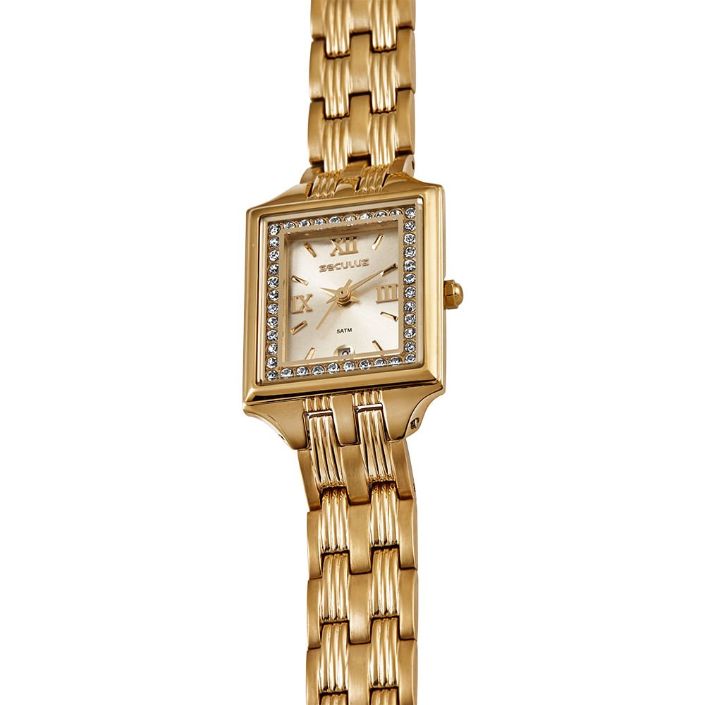 Relógio Feminino Dourado Quadrado em Cristais Dourado 2