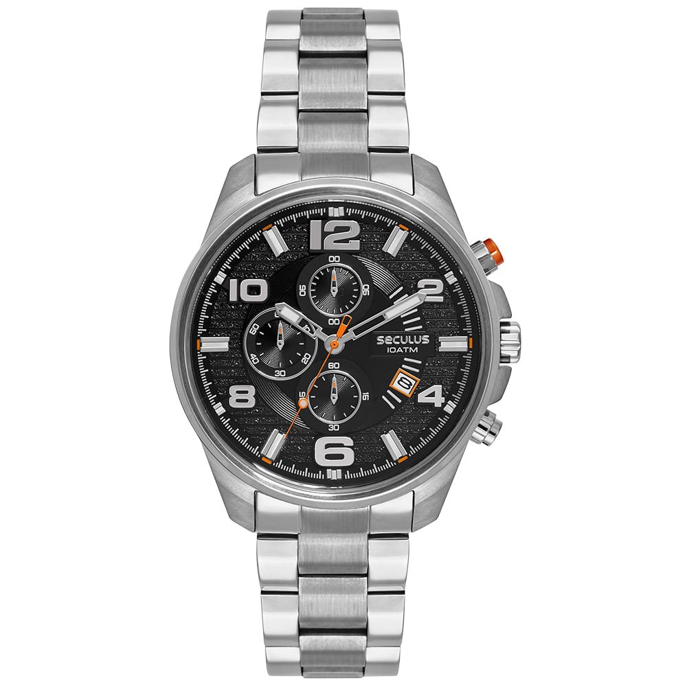 Relógio Masculino Aço Prata Cronógrafo Mostrador Preto