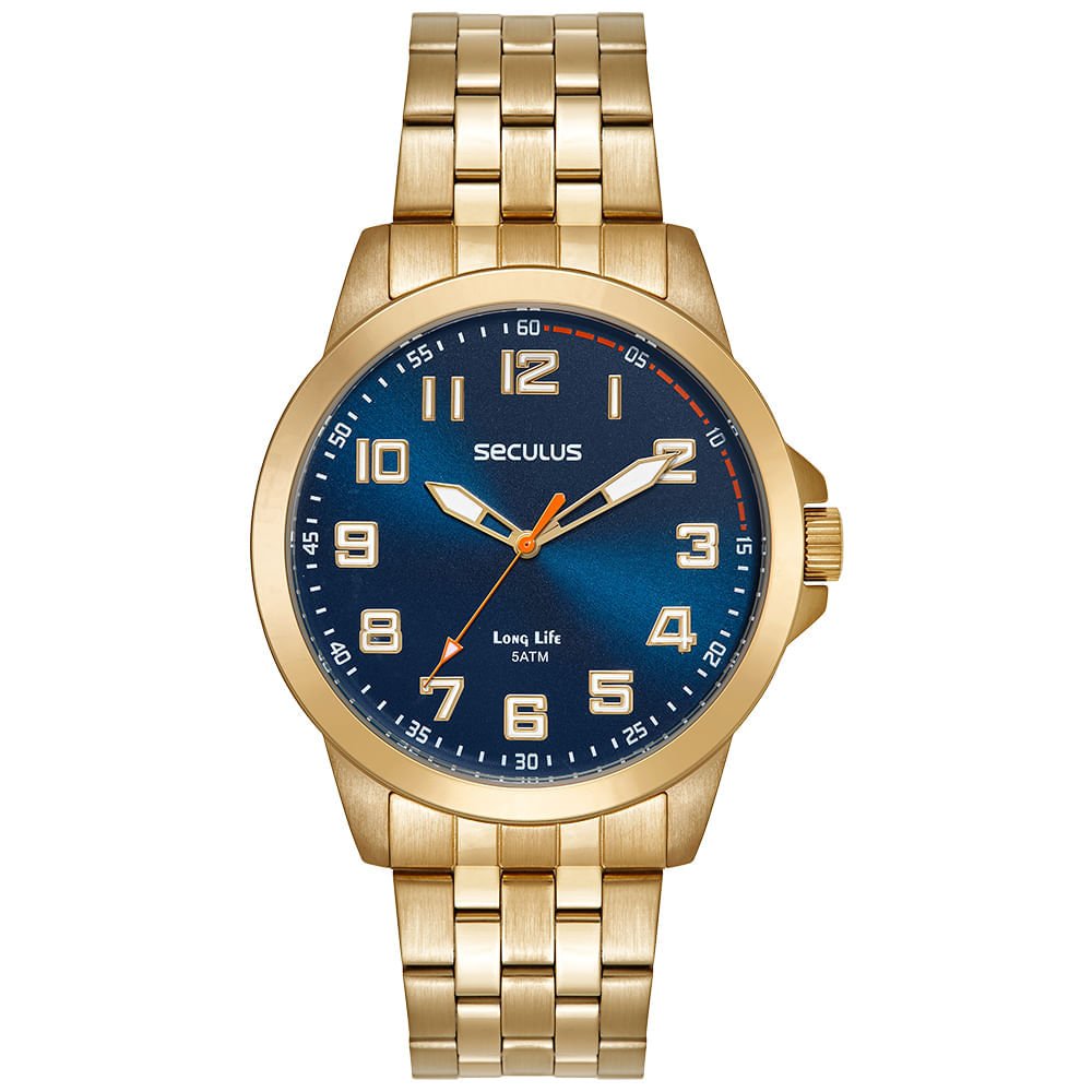 Relógio Masculino Dourado Aço Analógico Mostrador Azul