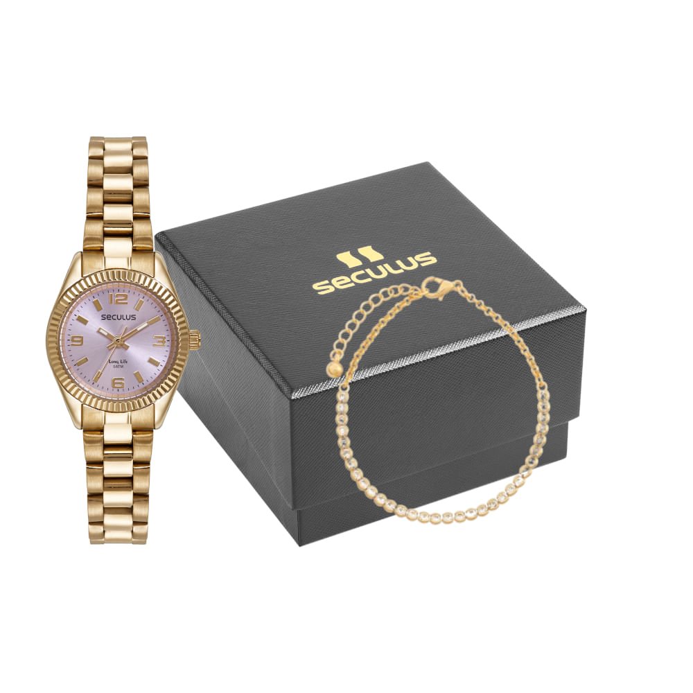 Kit Relógio Feminino Catraca Facetada Dourado com Pulseira